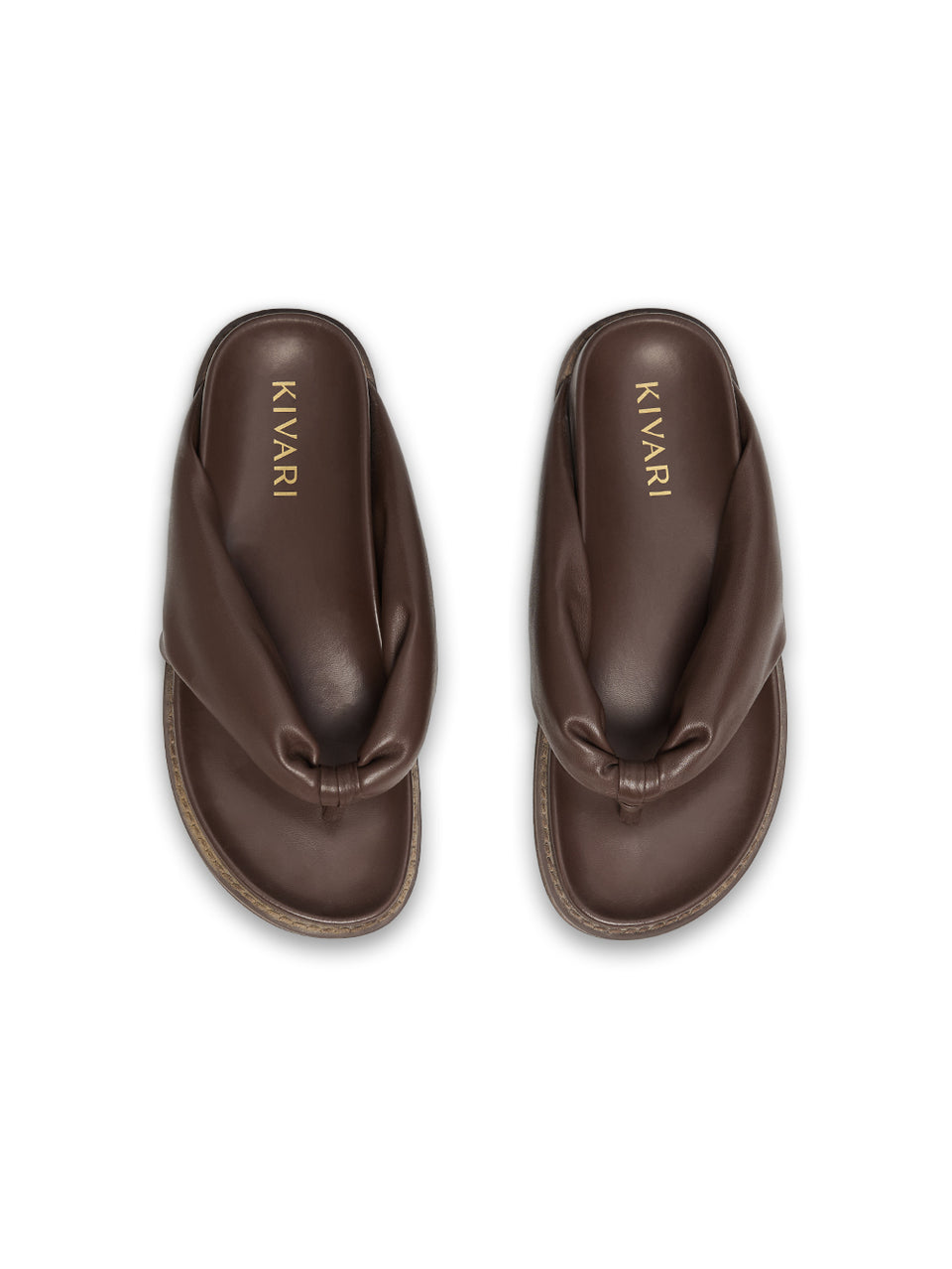 Brown sandals with 'Kivari' branding on a white background