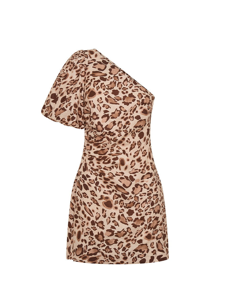 Leopard print one-shoulder dress on a white background