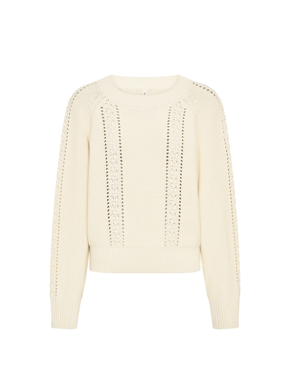 Cream-colored knit sweater on a white background